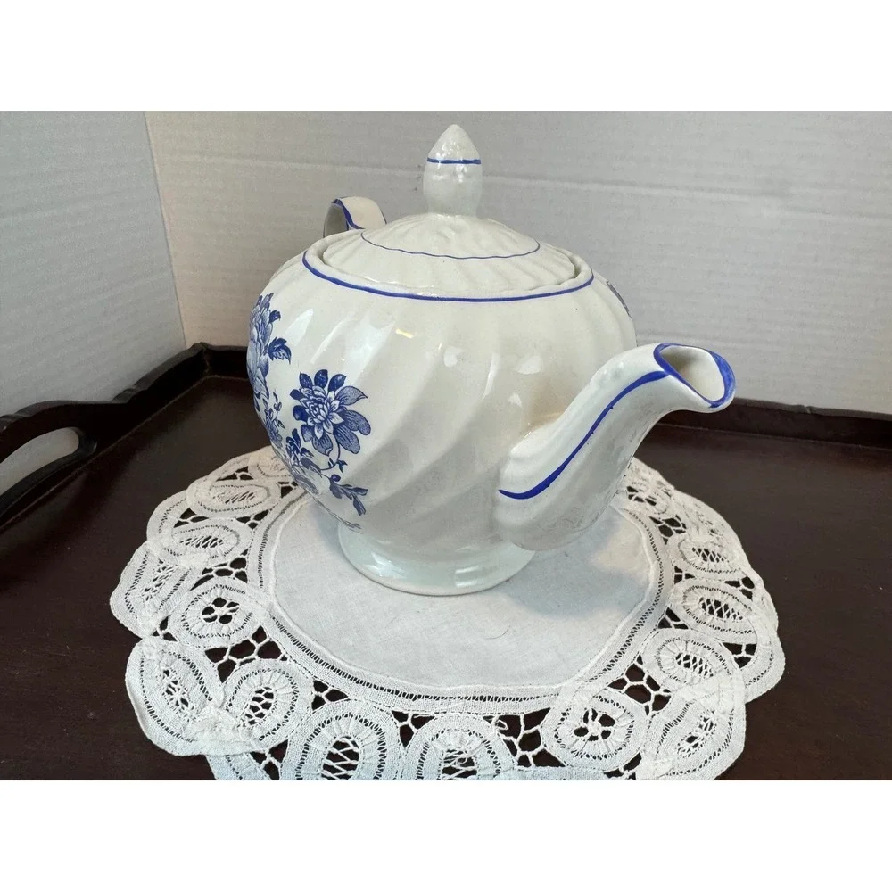 Vintage Royal Crownford Charlotte Blue and White Floral Ceramic Teapot Ironstone